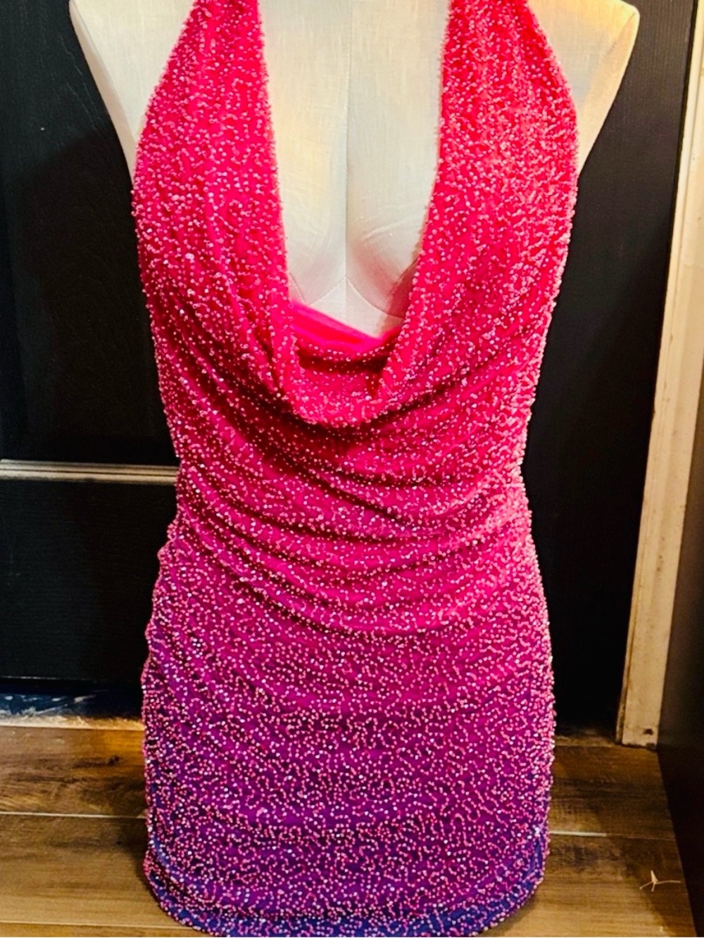 NWT Oh Polly Namur Embellished Halter Mini Ombré Beaded Bodycon Dress - Picture 5 of 10
